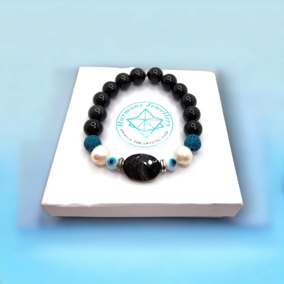 Black Obsidian, Freshwater Pearl, Evil Eye Bracelet 10 mm - Picture 3 of 6